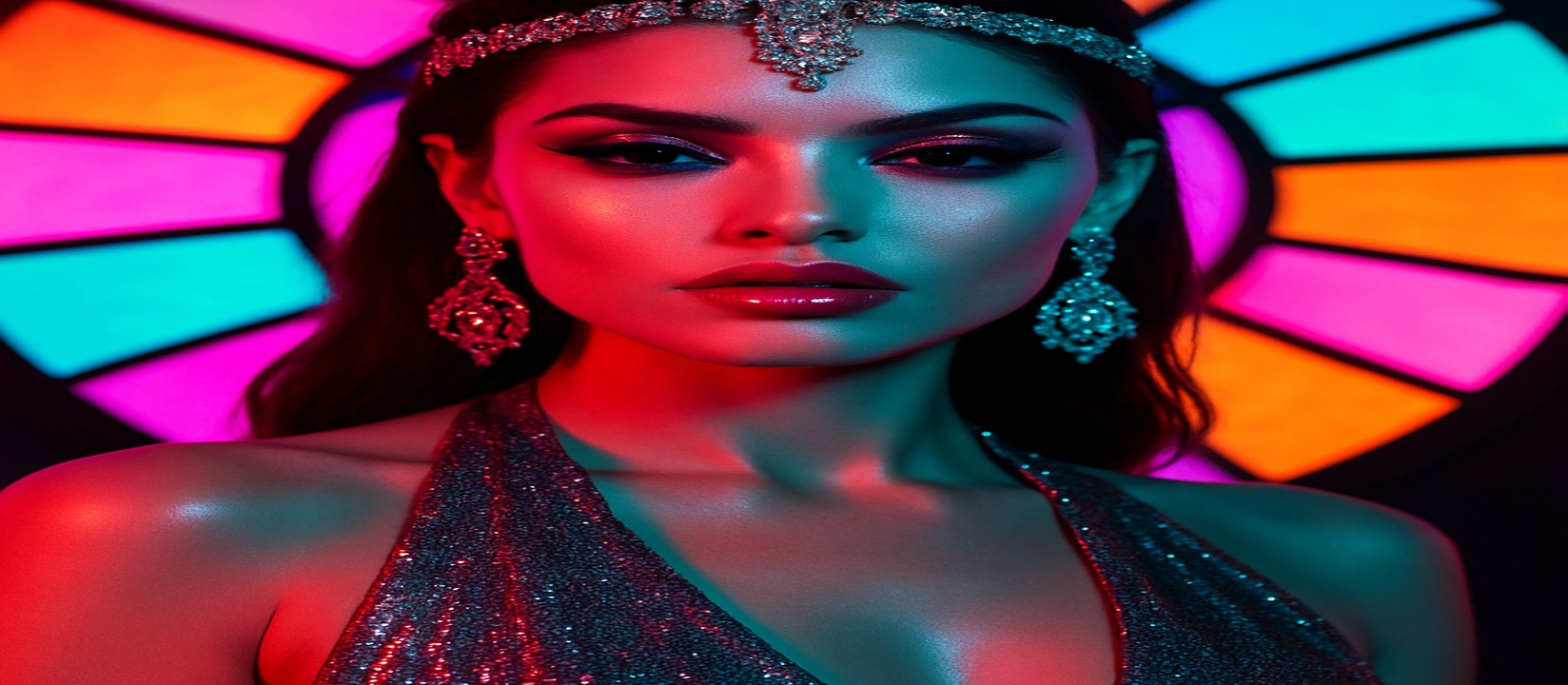একজন নারী সিকুইন-সজ্জা পোশাক পরা, উজ্জ্বল রঙের new pk গেমিং প্ল্যাটফর্মের চাকার সামনে ভঙ্গিমা ধরে দাঁড়িয়ে আছেন
